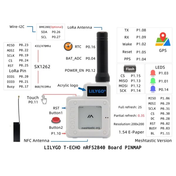 LILYGO T-Echo Meshtastic 868MHz (weiss) pins